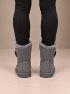Women's Toggle Ankle Boots – Fleece-Lined Faux Suede Winter Boots in Gray, back view