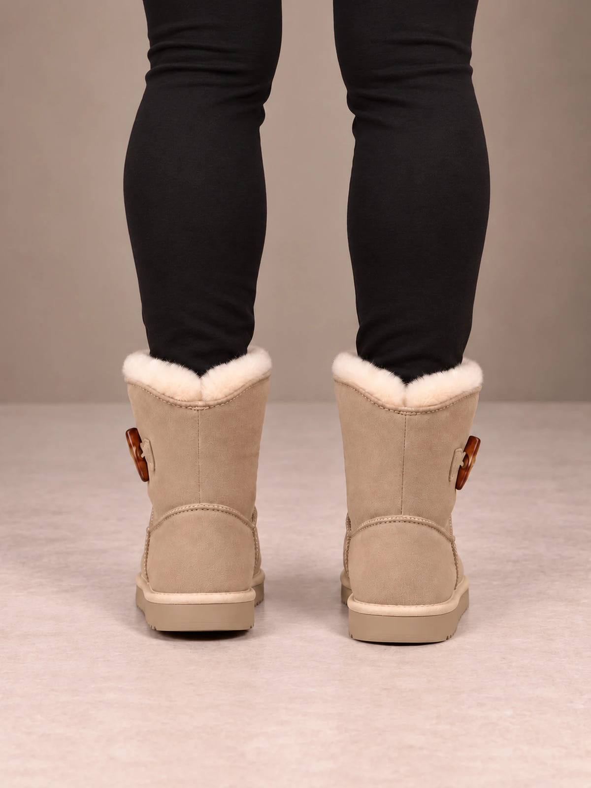 Women's Toggle Ankle Boots – Fleece-Lined Faux Suede Winter Boots in Sand, back view