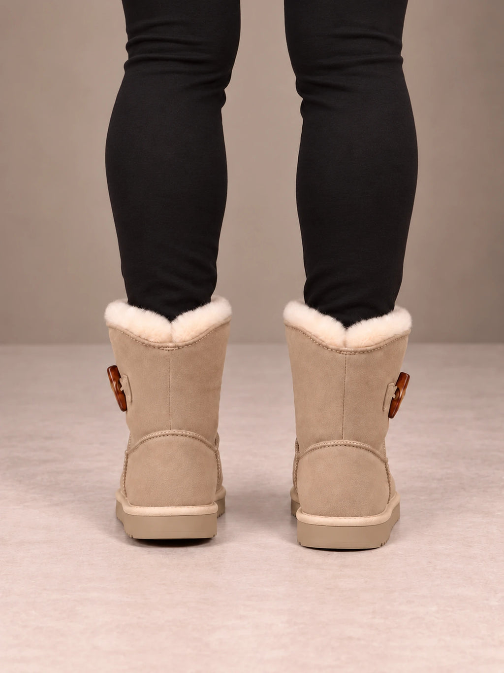 Women's Toggle Ankle Boots – Fleece-Lined Faux Suede Winter Boots in Sand, back view