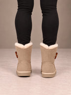 Women's Toggle Ankle Boots – Fleece-Lined Faux Suede Winter Boots in Sand, back view