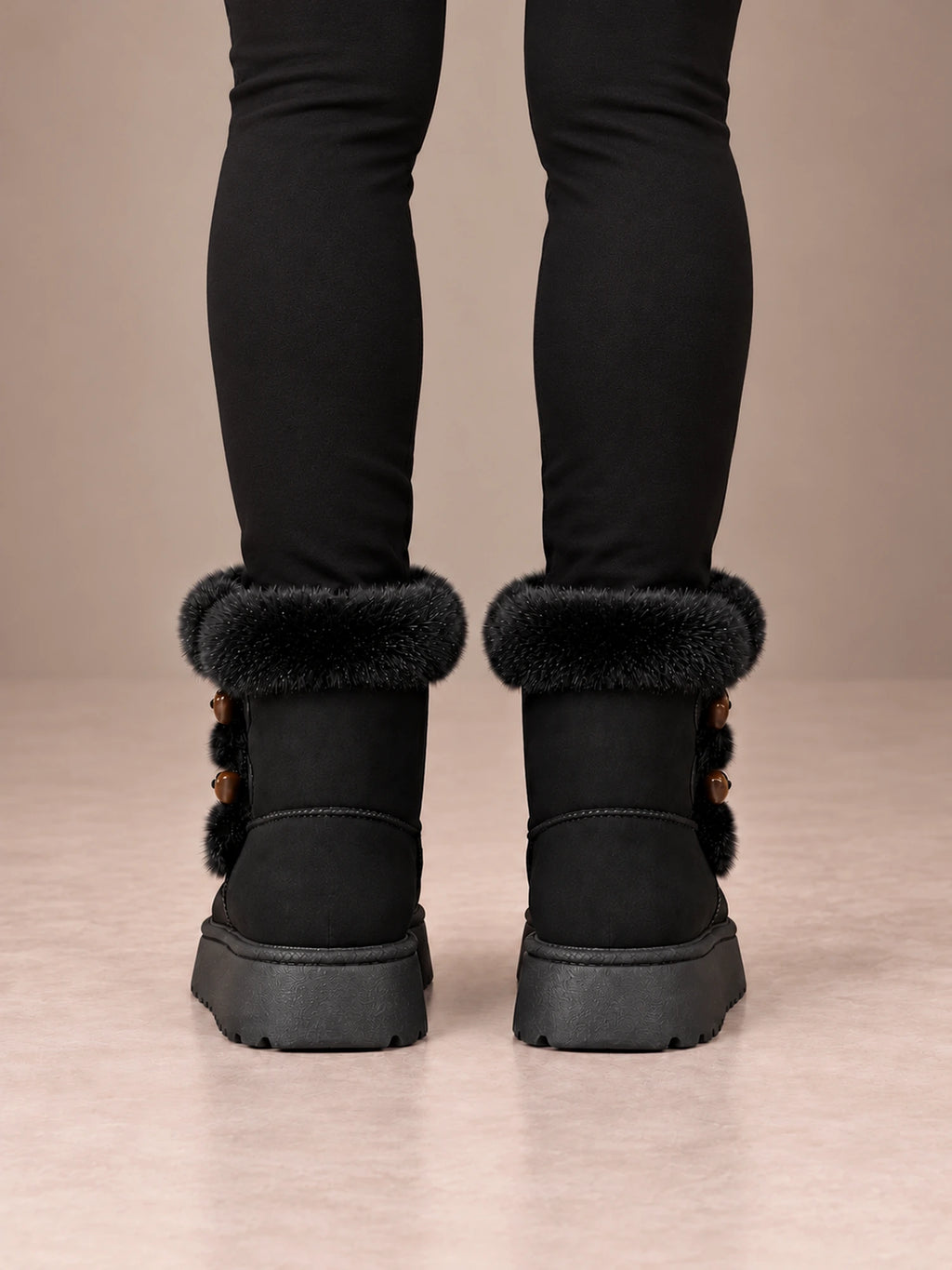 Women's Toggle Platform Ankle Boots – Faux Fur Cuff Lug Sole in Black, back view