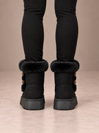 Women's Toggle Platform Ankle Boots – Faux Fur Cuff Lug Sole in Black, back view
