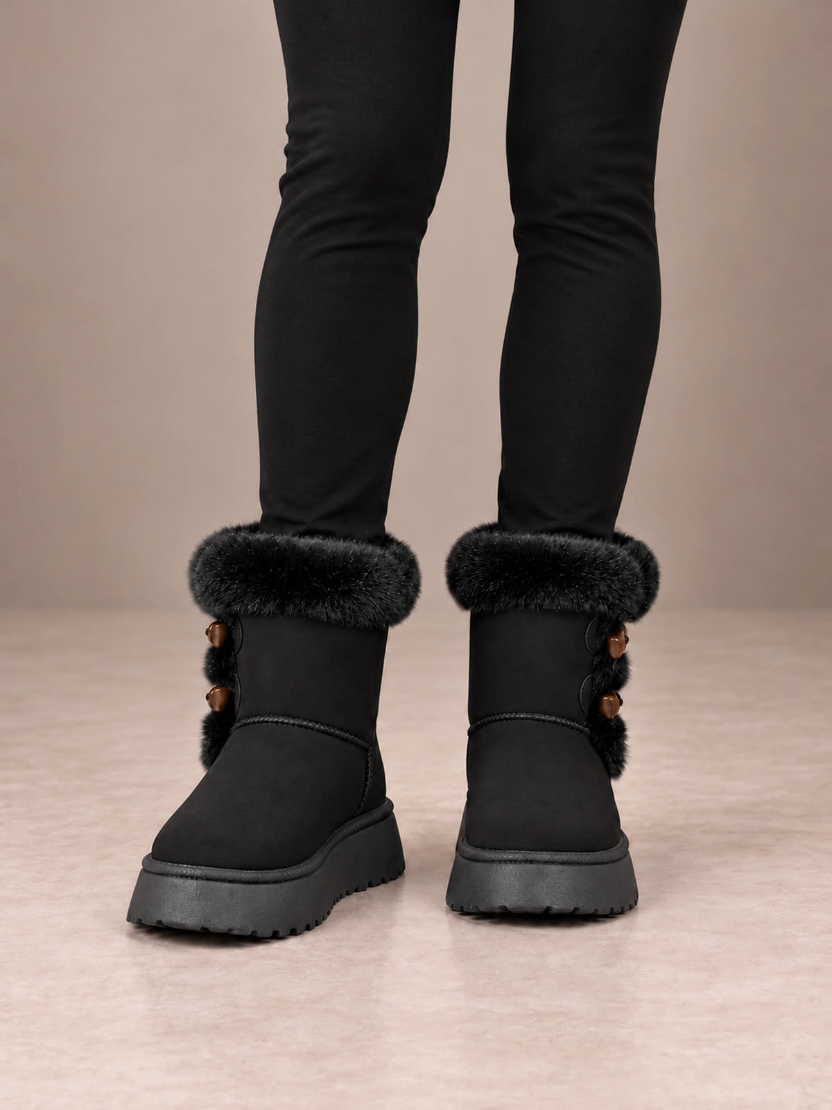 Women's Toggle Platform Ankle Boots – Faux Fur Cuff Lug Sole in Black, front view