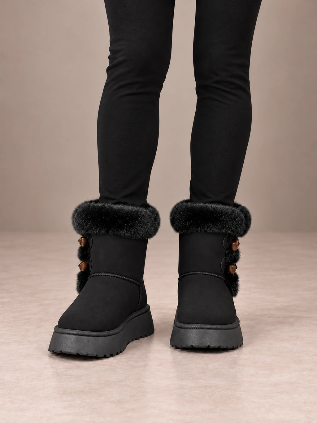 Women's Toggle Platform Ankle Boots – Faux Fur Cuff Lug Sole in Black, front view