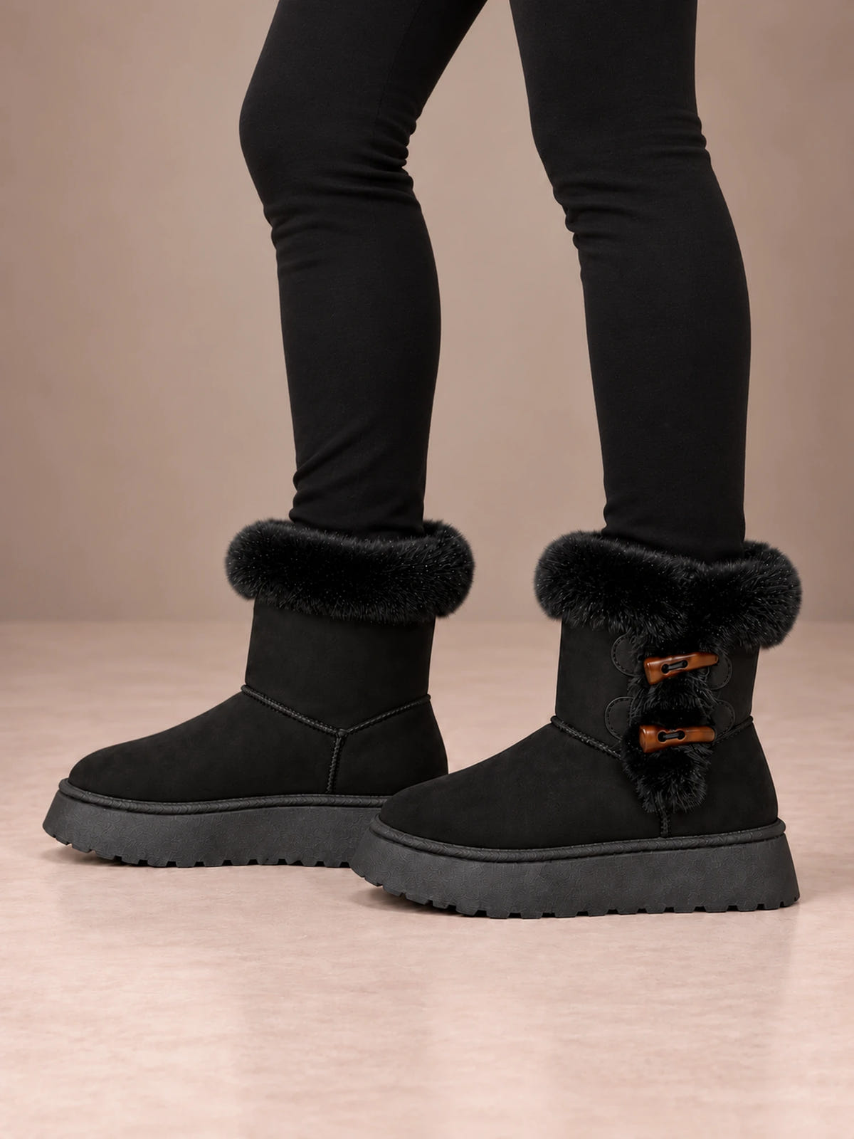 Women's Toggle Platform Ankle Boots – Faux Fur Cuff Lug Sole in Black, side view