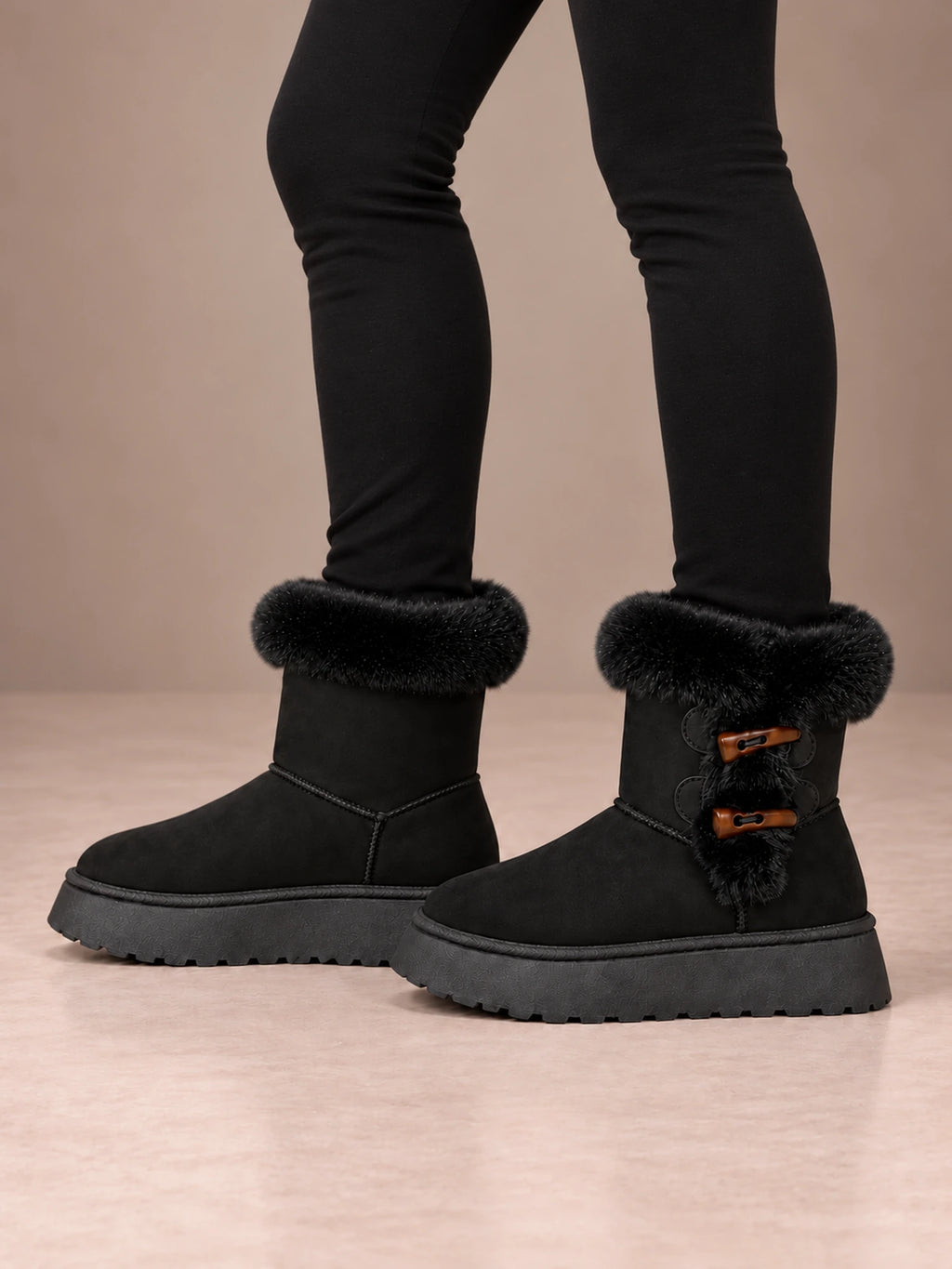 Women's Toggle Platform Ankle Boots – Faux Fur Cuff Lug Sole in Black, side view