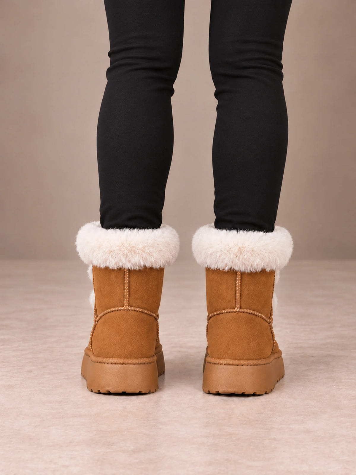 Women's Toggle Platform Ankle Boots – Faux Fur Cuff Lug Sole in Tan, back view