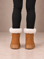 Women's Toggle Platform Ankle Boots – Faux Fur Cuff Lug Sole in Tan, back view