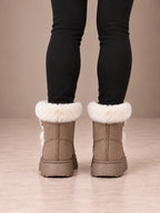 Women's Toggle Platform Ankle Boots – Faux Fur Cuff Lug Sole in Taupe, back view