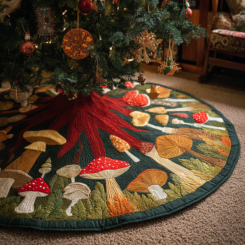 Quilted Christmas Tree Skirt – Fern and Toadstool Print, Green